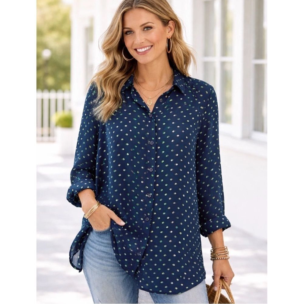 CAbi Navy Green Polka Dot Chiffon Button Down Long Sleeve Shirt Size Small - Picture 7 of 7